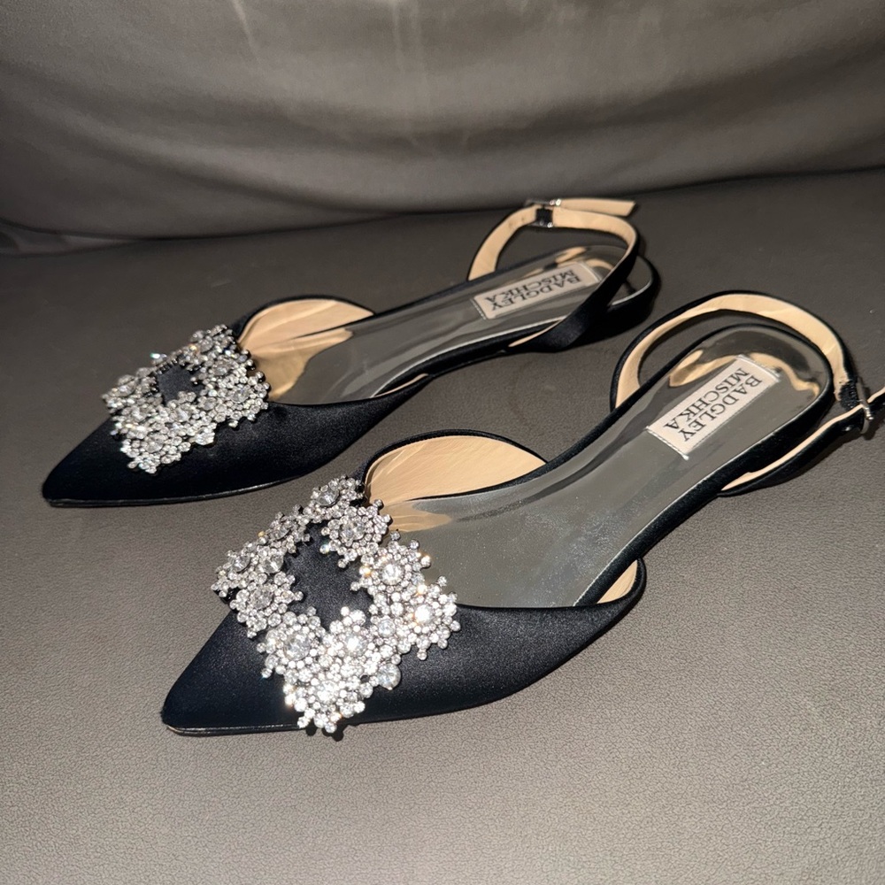 Badgley Mischka Black Satin Pointed Toe Slingback Flats with Crystal Buckle